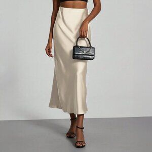 Elegant Beige Satin Midi Skirt – Mermaid Silhouette